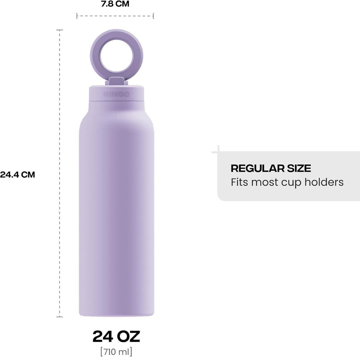 RINGO PRO Insulated Water Bottle, Magnetic Phone Tripod Mount, Lilac, 24 oz