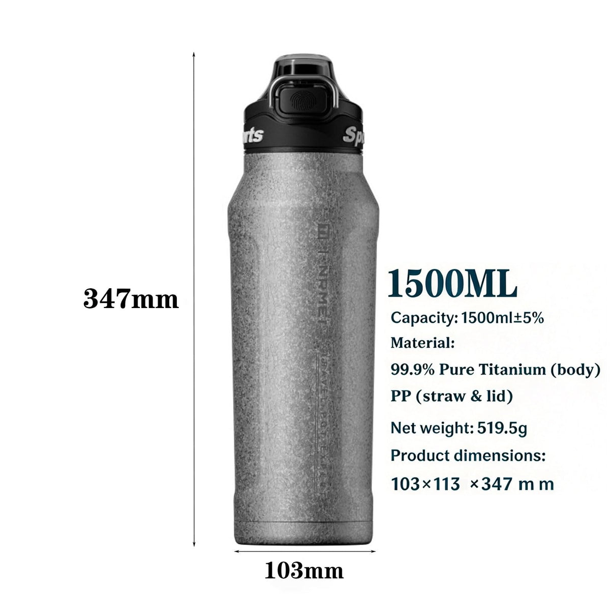 Titanium Insulated Sports Water Bottle 51oz RT178D Grad‑Blue