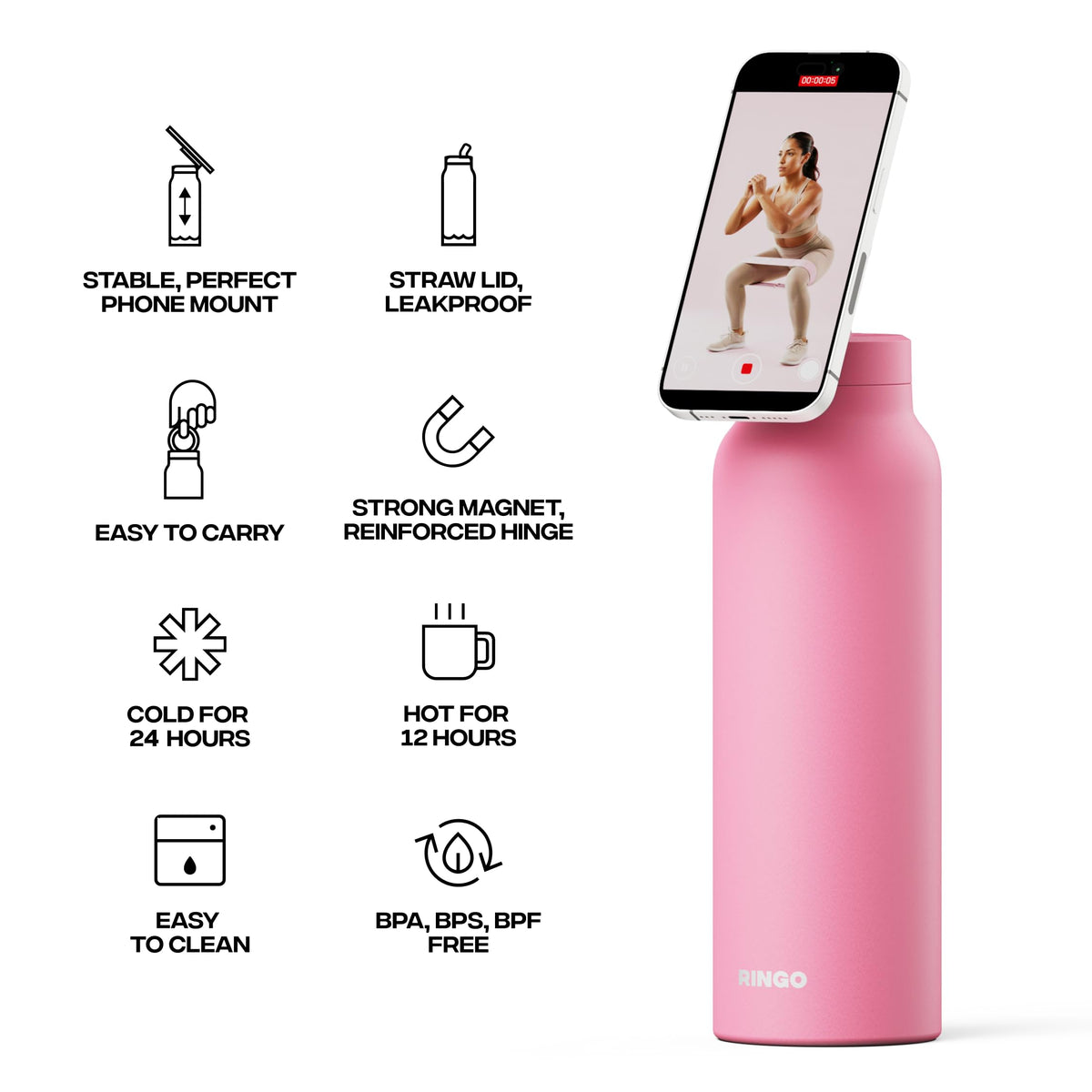 RINGO PRO Insulated Water Bottle, Magnetic Phone Tripod Mount, Lilac, 24 oz