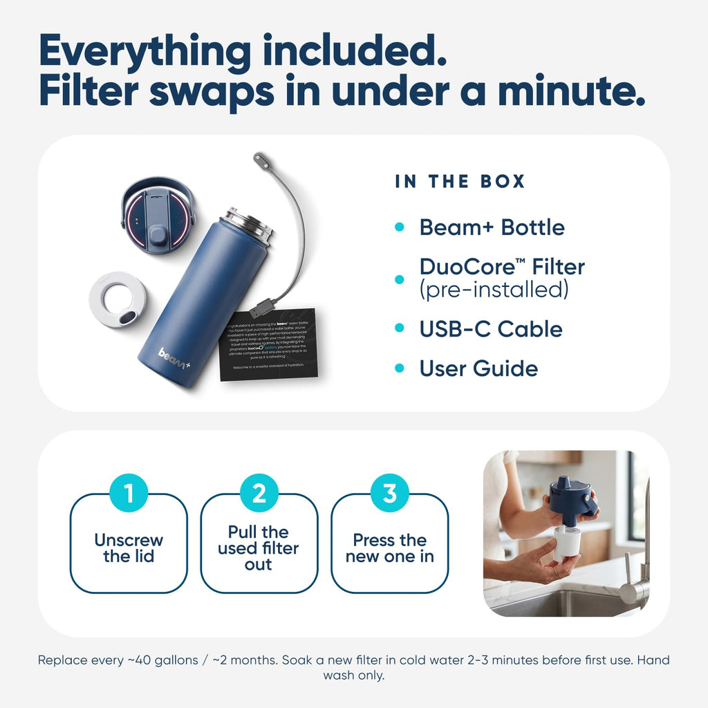 UVBRITE Beam+ Self-Cleaning UV-C Water Bottle with Filter, 22oz Insulated