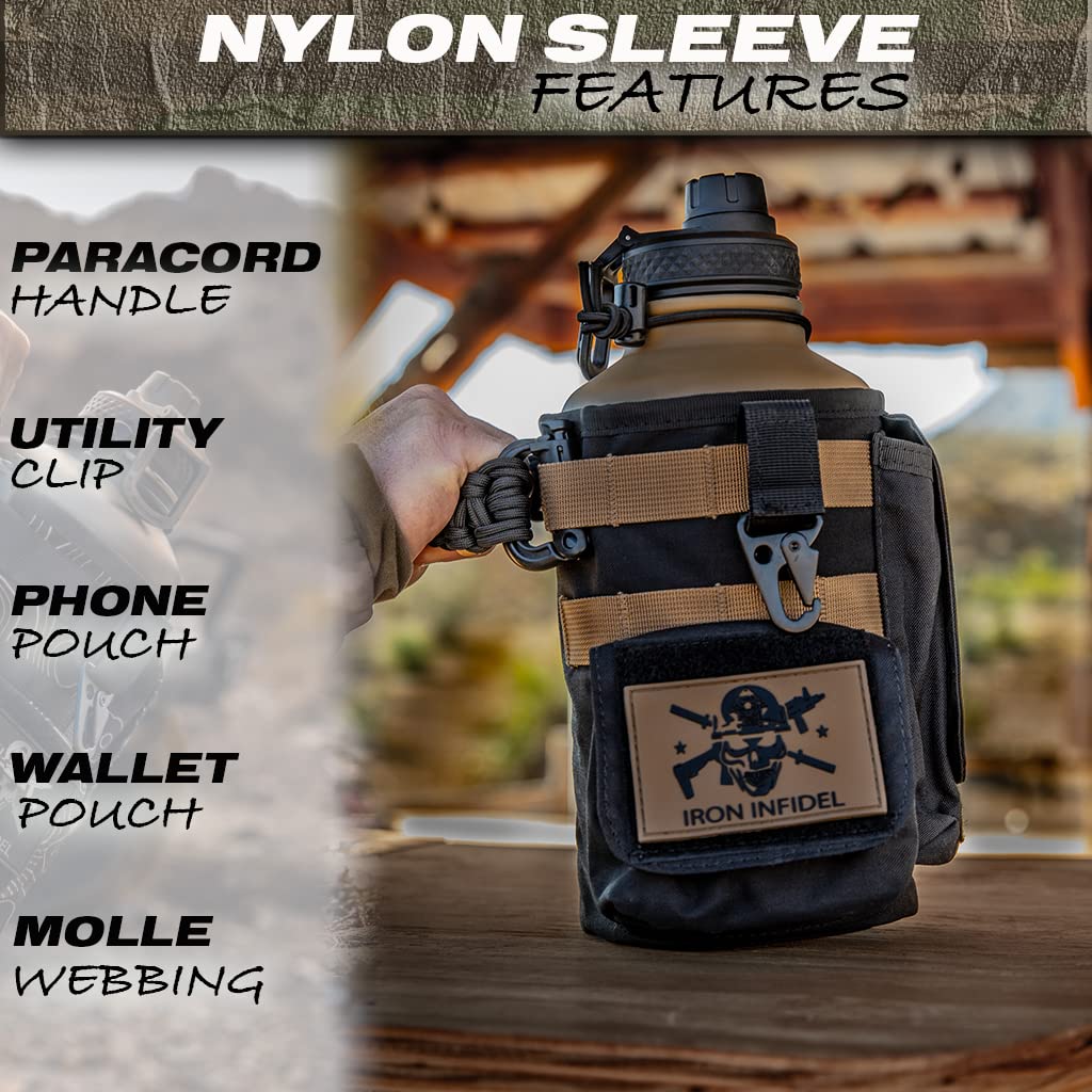 Iron Infidel Battle Bottle - Half Gallon Insulated Water Bottle with Paracord Handle, Large 64 oz Stainless Steel Water Jug with Rugged, Removable Sleeve for Keys, Wallet, & Phone (Live Free 2 Liter)