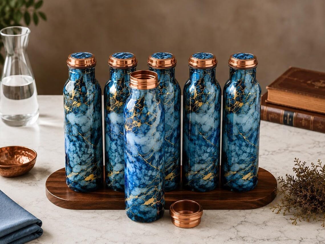Handmade Blue Marble Copper Water Bottles – Elegant Reusable Drinkware Gift Set | Set of 6