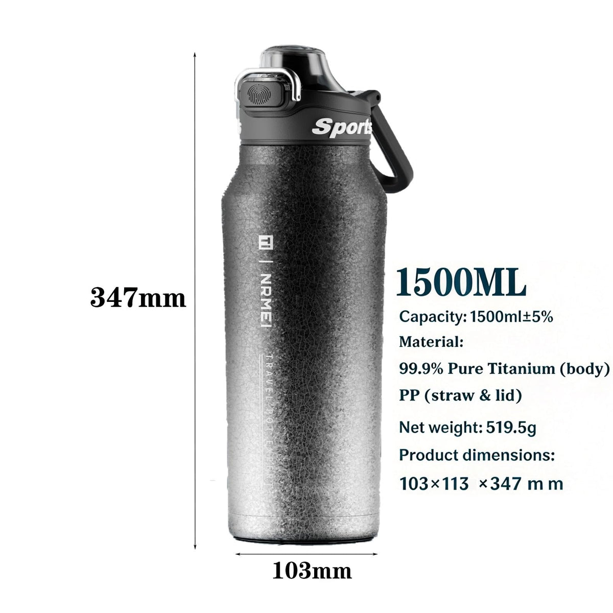 Titanium Insulated Sports Water Bottle 51oz RT178D Grad‑Blue