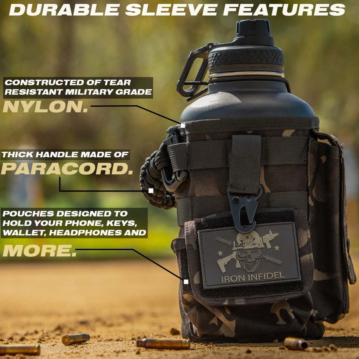 Iron Infidel Battle Bottle - Half Gallon Insulated Water Bottle with Paracord Handle, Large 64 oz Stainless Steel Water Jug with Rugged, Removable Sleeve for Keys, Wallet, & Phone (Live Free 2 Liter)