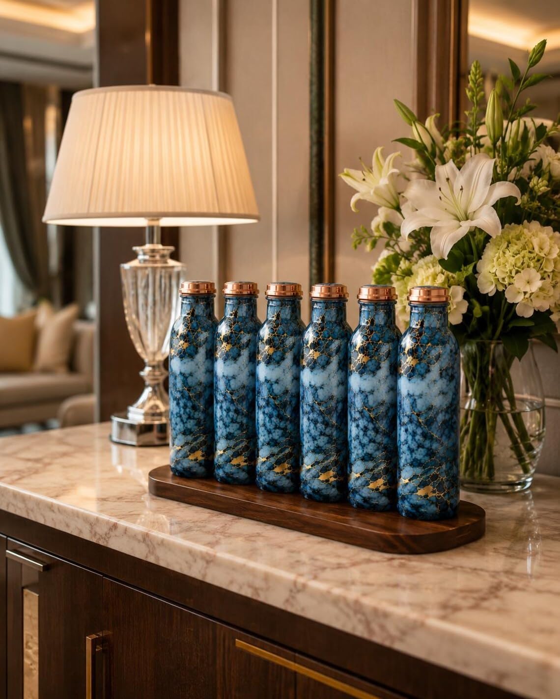 Handmade Blue Marble Copper Water Bottles – Elegant Reusable Drinkware Gift Set | Set of 6
