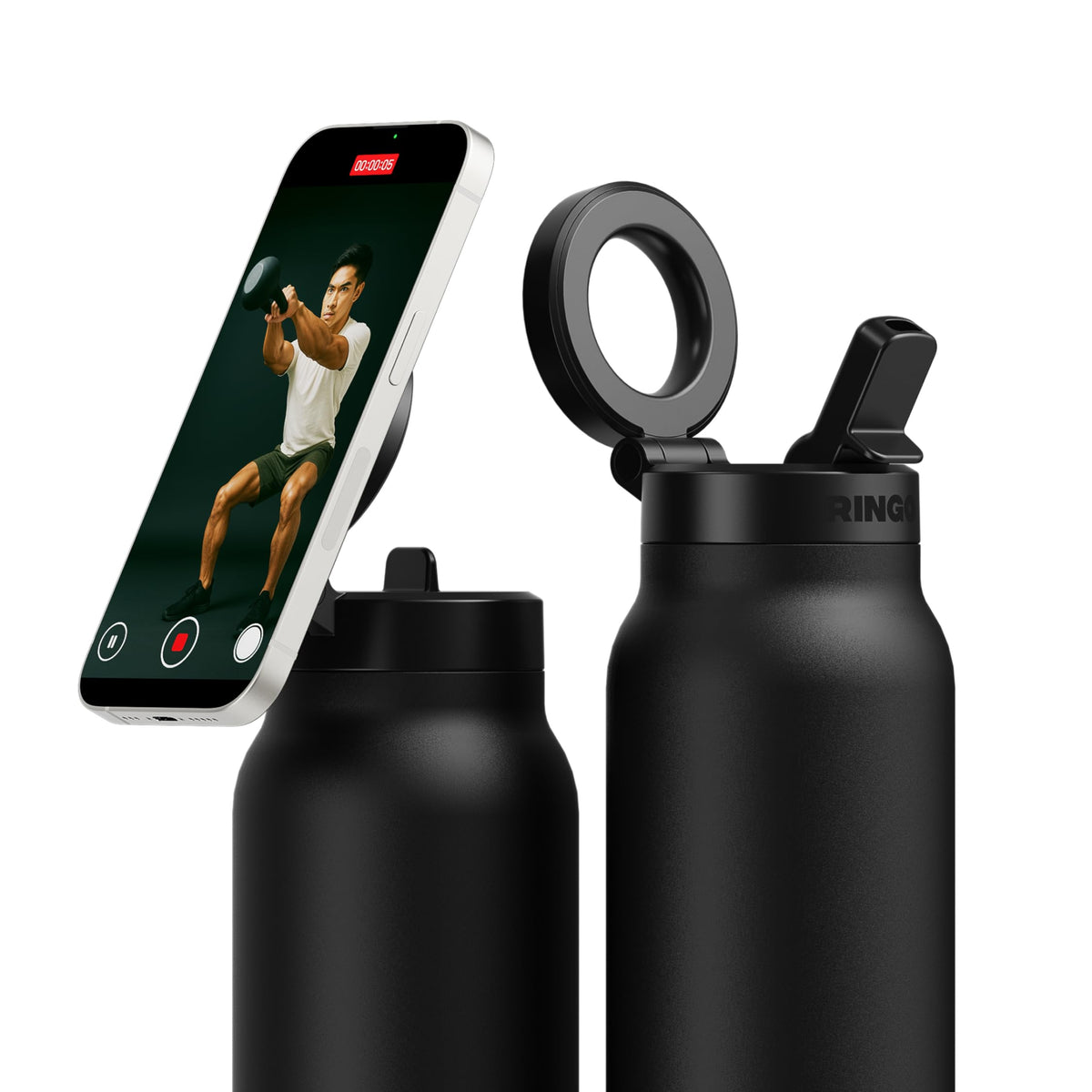 RINGO PRO Insulated Water Bottle, Magnetic Phone Tripod Mount, Lilac, 24 oz
