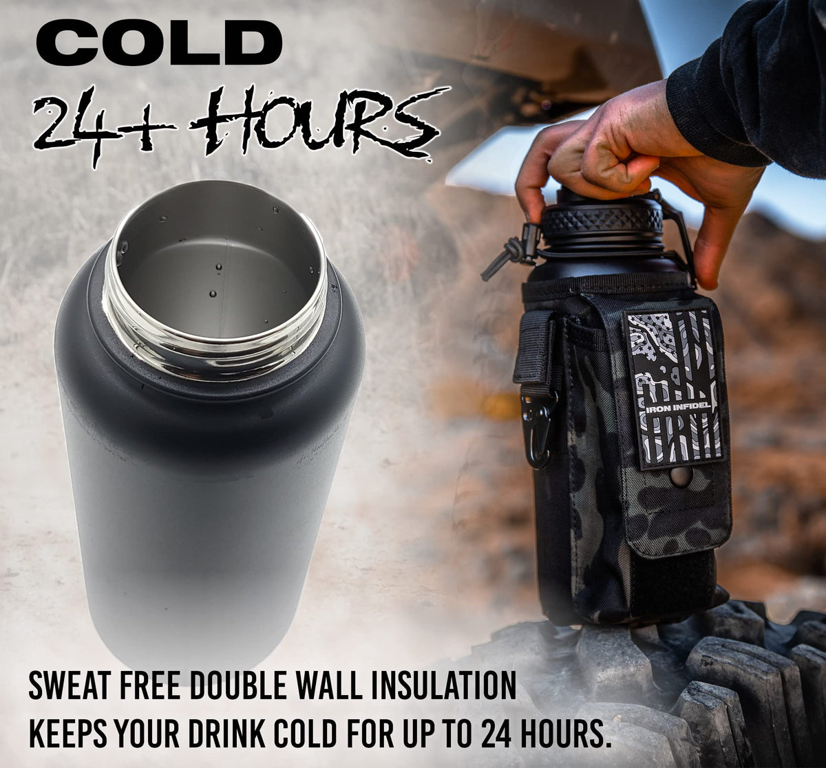 Iron Infidel Battle Bottle - Half Gallon Insulated Water Bottle with Paracord Handle, Large 64 oz Stainless Steel Water Jug with Rugged, Removable Sleeve for Keys, Wallet, & Phone (Live Free 2 Liter)
