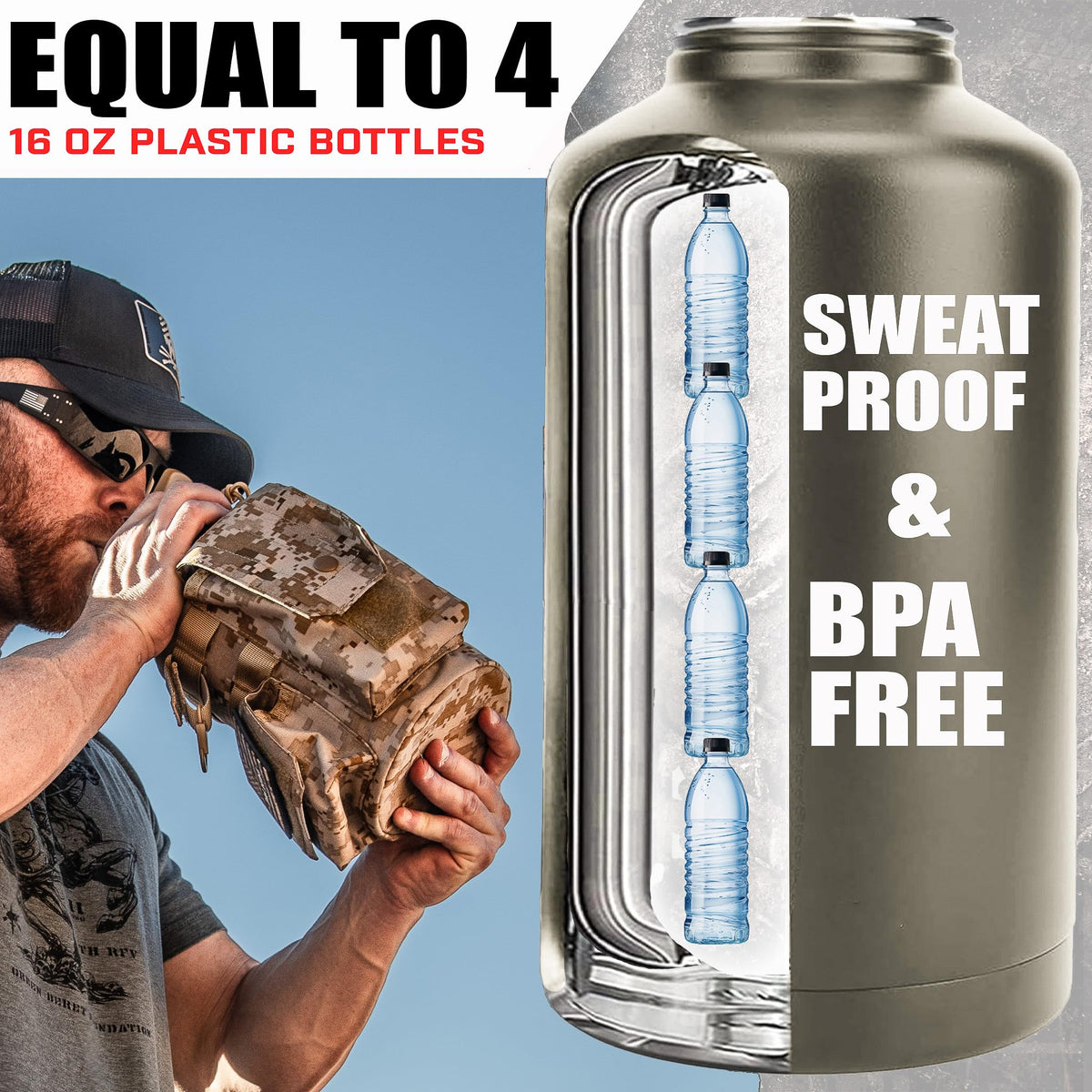 Iron Infidel Battle Bottle - Half Gallon Insulated Water Bottle with Paracord Handle, Large 64 oz Stainless Steel Water Jug with Rugged, Removable Sleeve for Keys, Wallet, & Phone (Live Free 2 Liter)