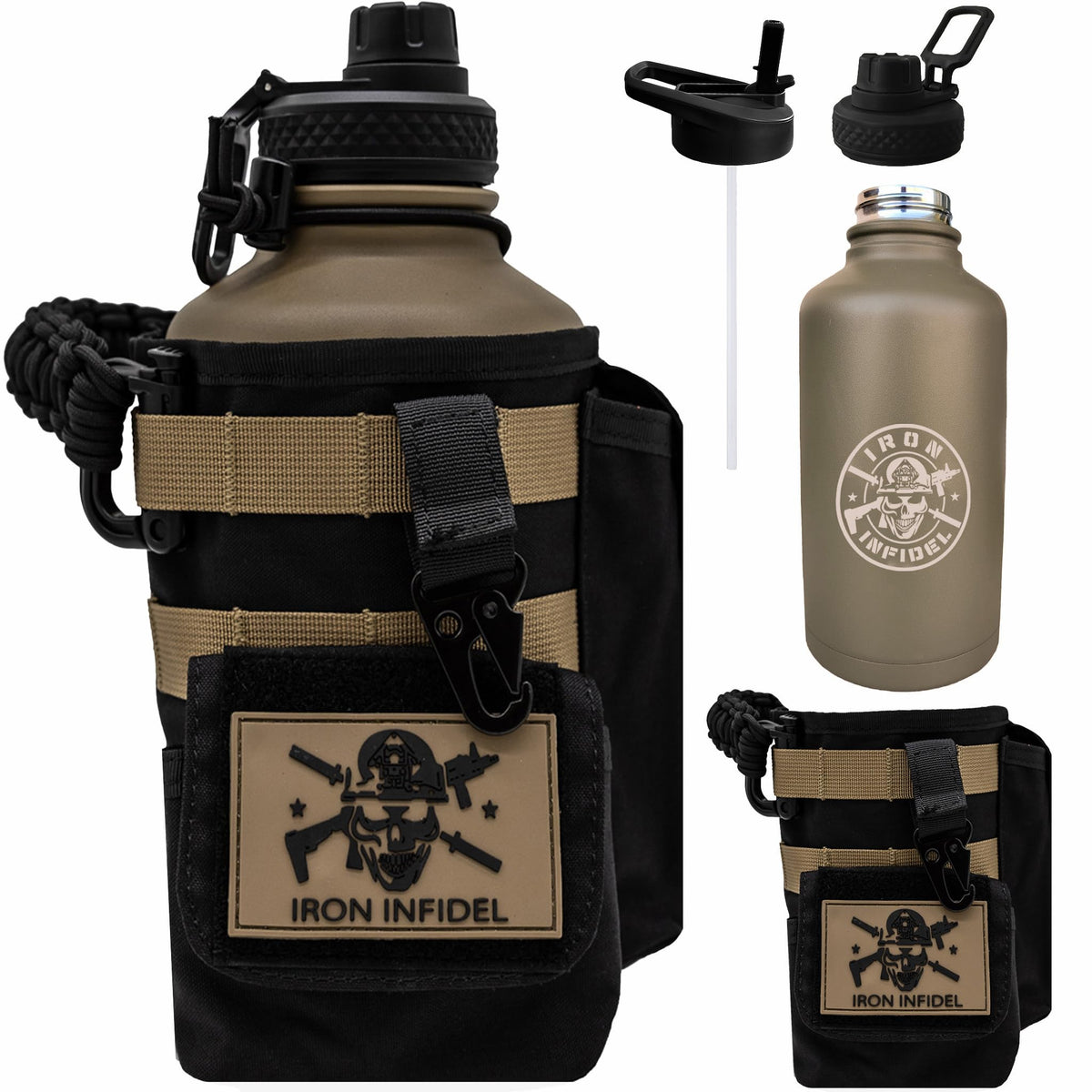 Iron Infidel Battle Bottle - Half Gallon Insulated Water Bottle with Paracord Handle, Large 64 oz Stainless Steel Water Jug with Rugged, Removable Sleeve for Keys, Wallet, & Phone (Live Free 2 Liter)