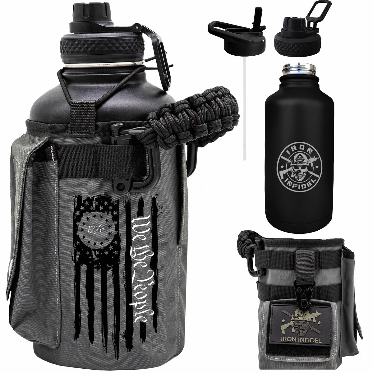 Iron Infidel Battle Bottle - Half Gallon Insulated Water Bottle with Paracord Handle, Large 64 oz Stainless Steel Water Jug with Rugged, Removable Sleeve for Keys, Wallet, & Phone (Live Free 2 Liter)
