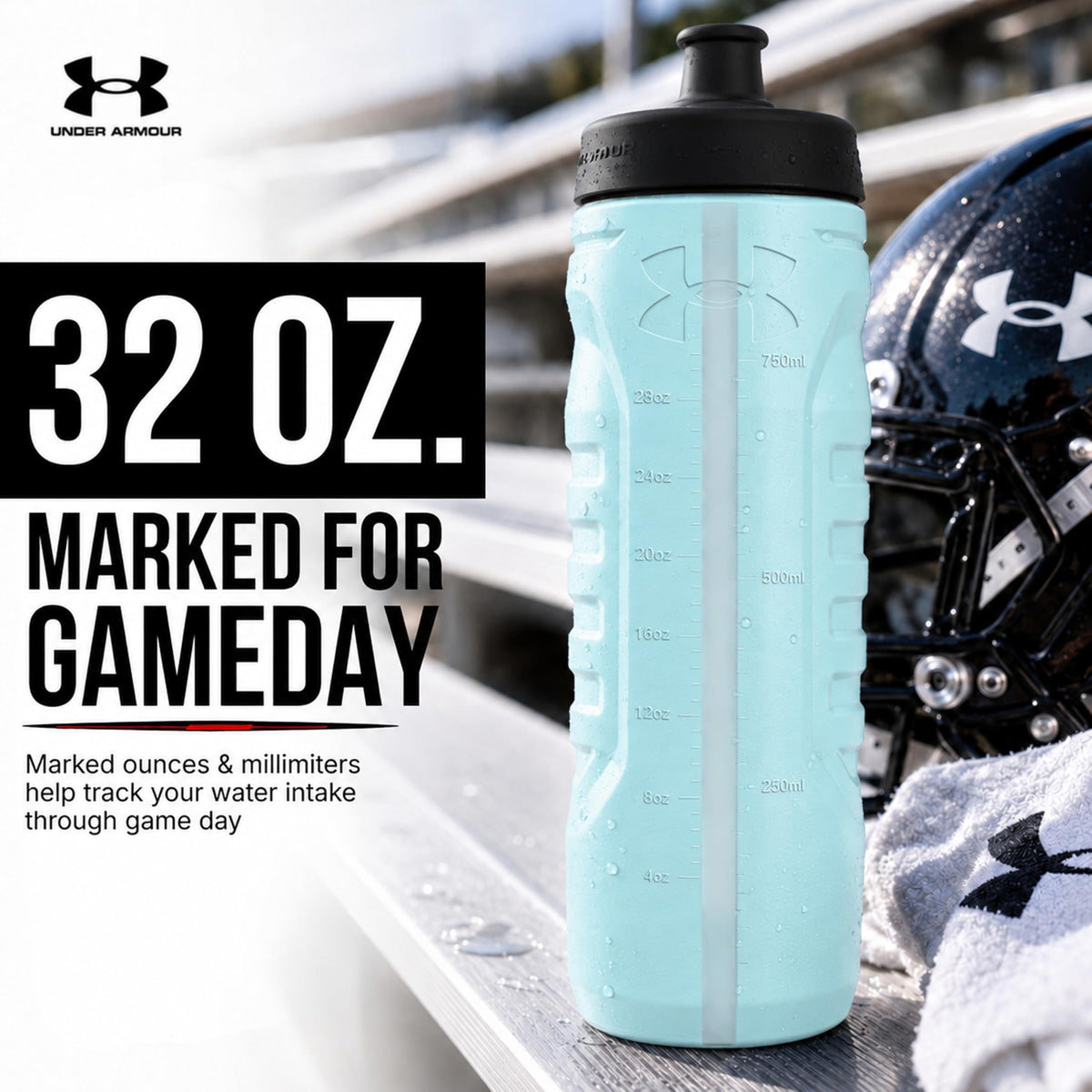 Under Armour Squeeze Water Bottles, 32 oz Water Bottles, Sideline Sports Water Bottle with Quick-Shot Lid, Quick & Easy Hydration, Gym Water Bottles, Squeeze Bottle, 1 32oz Bottle