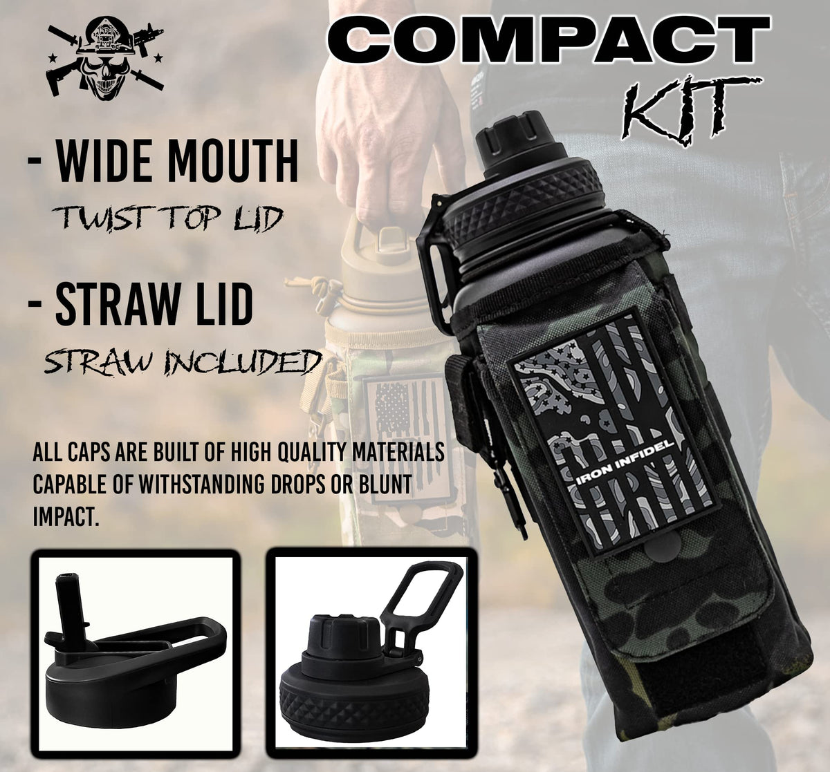 Iron Infidel Battle Bottle - Half Gallon Insulated Water Bottle with Paracord Handle, Large 64 oz Stainless Steel Water Jug with Rugged, Removable Sleeve for Keys, Wallet, & Phone (Live Free 2 Liter)