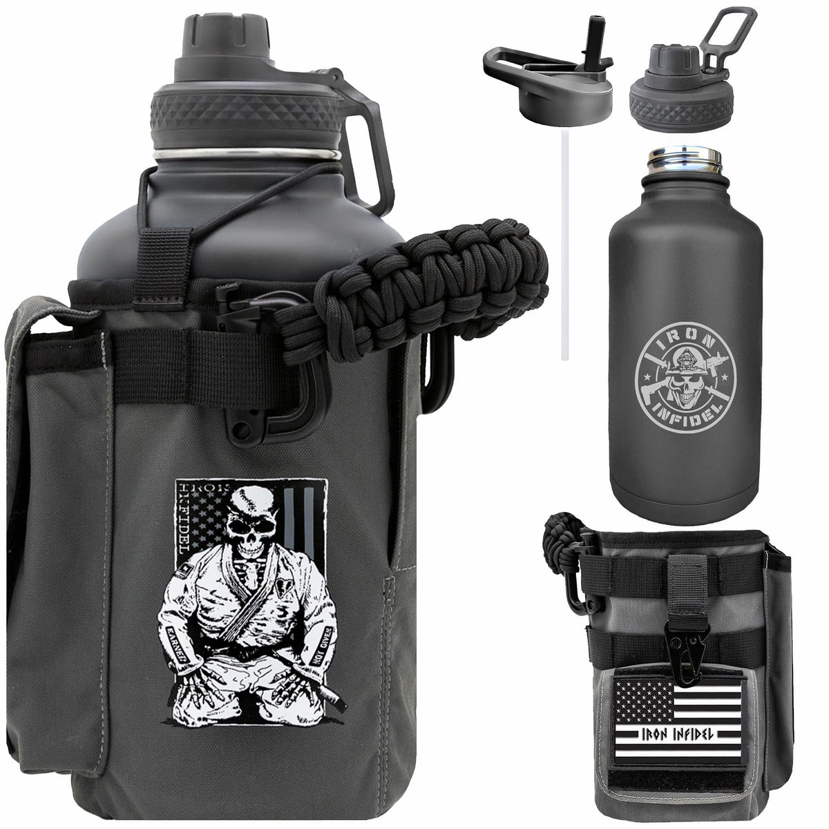 Iron Infidel Battle Bottle - Half Gallon Insulated Water Bottle with Paracord Handle, Large 64 oz Stainless Steel Water Jug with Rugged, Removable Sleeve for Keys, Wallet, & Phone (Live Free 2 Liter)