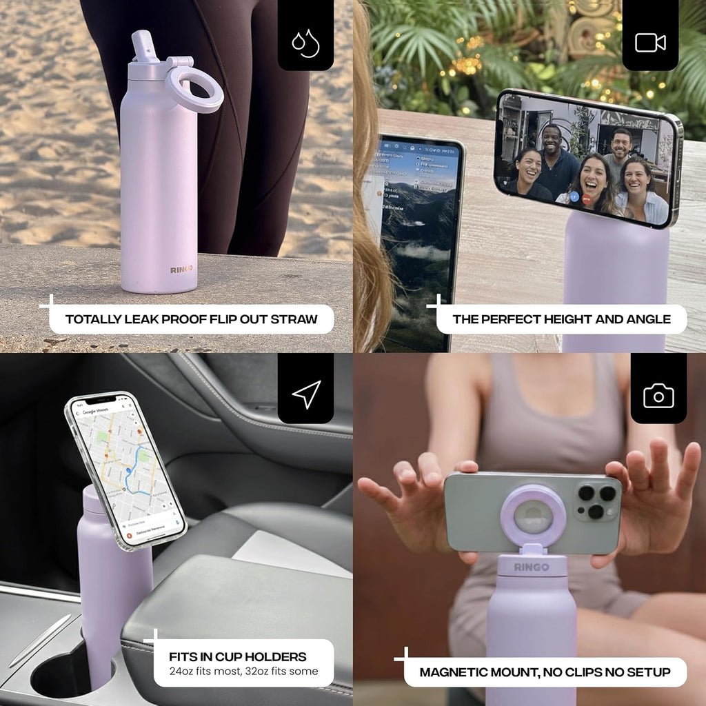 RINGO PRO Insulated Water Bottle, Magnetic Phone Tripod Mount, Lilac, 24 oz
